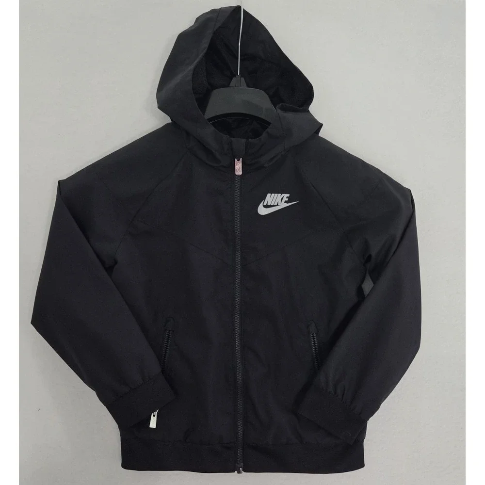 Kids Black Nike Windbreaker Jacket Size 6/7 Full Zip Hooded Cap Hood Lined